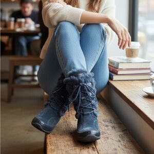 The North Face Navy Fur-Trimmed Winter Boots